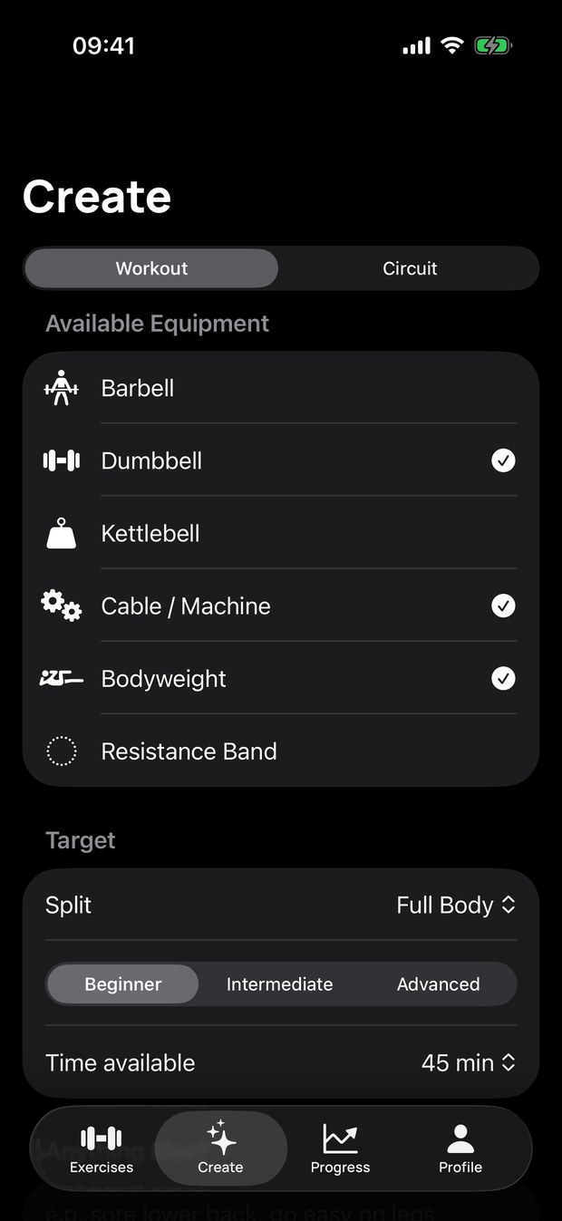 The SETT Create screen, with equipment checkboxes for barbell, dumbbell, kettlebell, cable and bodyweight, plus split, experience level and time available.